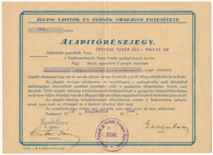 Budapest 1939. 'Állami Tanítók és Óvónők Országos Egyesülete' alapítórészjegye 5P értékben bélyegzéssel T:II
