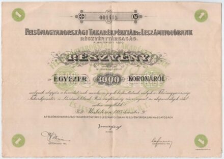 Miskolc 1923. 'Felsőmagyarországi Takarékpénztár és Leszámítolóbank Részvénytársaság' részvénye 1000K-ról, szárazpecséttel, szelvényekkel T:III