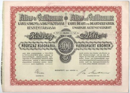 Budapest 1921. 'Felten és Guilleaume Kábel-, Sodrony- és Sodronykötélgyár Részvénytársaság' részvénye 400K-ról bélyegzéssel T:I- hátlapon ragasztónyom