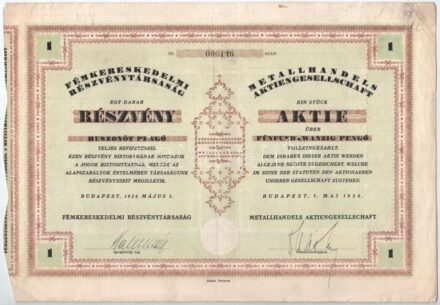 Budapest 1926. 'Fémkereskedelmi Részvénytársaság' részvénye 25P-ről szelvényekkel T:III