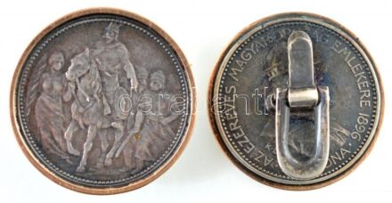 1896KB 1K Ag 'Millenium' (2x) mandzsetta gombbá alakítva, jelzetlen Au (0.585) keretben T:2,2- Hungary 1896. 1 Korona Ag 'Millenium' (2x) refurbished to cuffs in Au (0.585) ring C:XF,VF Adamo K5.2