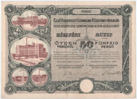 Budapest 1927. 'Első Budapesti Gőzmalmi Részvénytársaság' részvénye 50P-ről, szárazpecséttel T:III