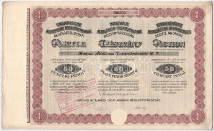 Budapest 1926. 'Magyar Általános Ingatlanbank Részvénytársaság' részvénye 50P-ről, szelvényutalvánnyal, bélyegzéssel és szárazpecséttel T:II-