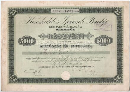 Budapest 1920. 'Kereskedők és Iparosok Bankja Részvénytársaság' 25db részvénye 200K-ról, szelvényekkel és szárazpecséttel, felülbélyegzésekkel T:II-