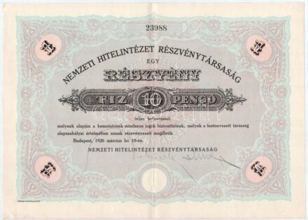 Budapest 1926. 'Nemzeti Hitelintézet Részvénytársaság' részvénye 10P-ről, szárazpecséttel T:II