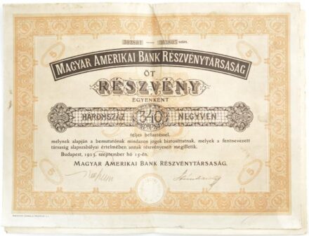 Budapest 1923. 'Magyar Amerikai Bank Részvénytársaság' 5 részvénye egyben, egyenként 340K-ról, szelvényekkel és szárazpecséttel T:III