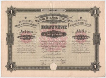 Budapest 1927. 'Magyar Jelzálog-Hitelbank' nyeremény-kötvénye 40P-ről szárazpecséttel, szelvényekkel T:III