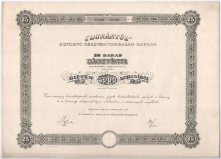 Sopron 1922. 'Dunántúl Biztosító Részvénytársaság Sopron' 25db részvénye egyben, összesen 5000K értékben szelvényekkel, szárazpecséttel, szelvényekkel T:I-