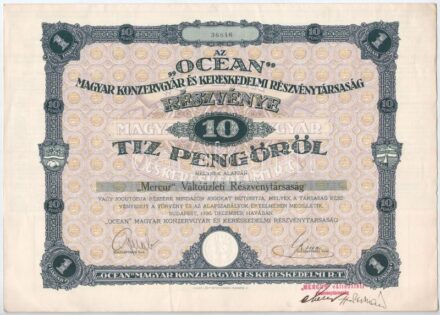 Budapest 1926. 'Az 'OCEAN' Magyar Konzervgyár és Kereskedelmi Részvénytársaság' névre szóló részvénye 10P-ről, szárazpecséttel, szelvényekkel T:I-