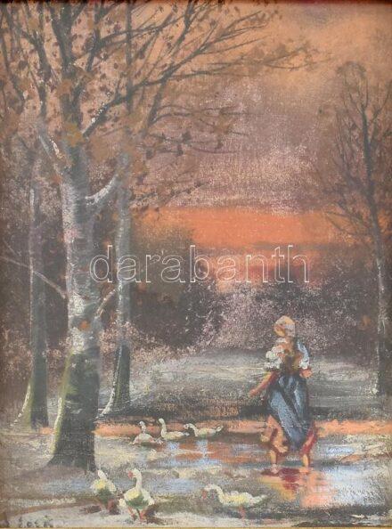 W Carl? Jelzéssel: Libapásztorlány télen. Olaj, vászon, üvegezett dekoratív fakeretben. 28X21,5cm