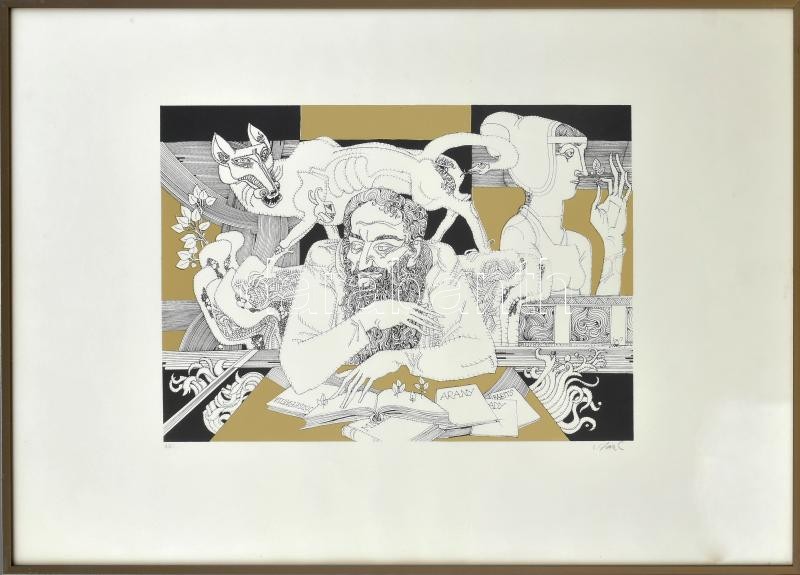 Szász Endre (1926-2003): Irodalmár. Szitanyomat A/P, papír, jelzett, üvegezett alumínium keretben 30×42 cm