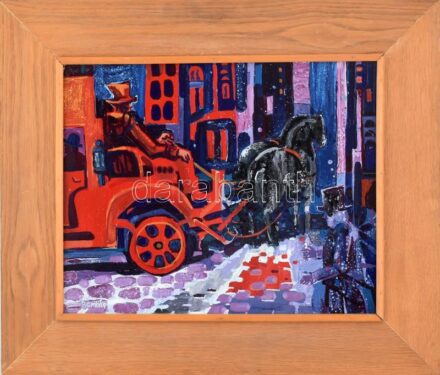 Barabás László (1934- ): Vörös postakocsi. tűzzománc. Kopott fakeretben, jelzett, 40x50cm