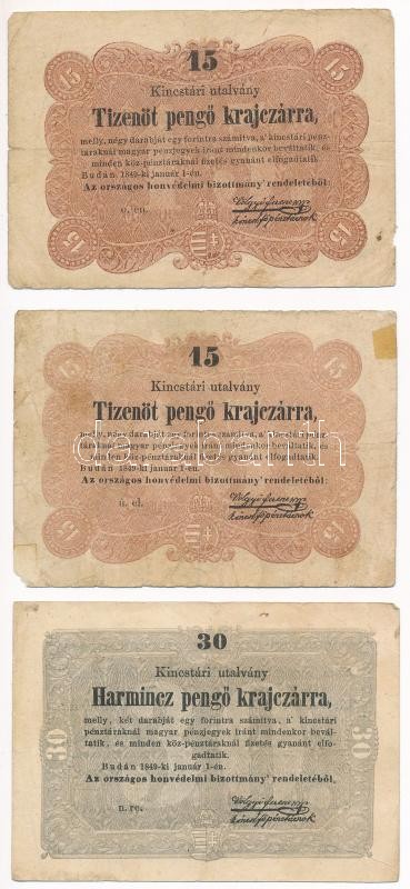 1849. 15kr (2x, egyiken ragasztásnyom) + 30kr 'Kossuth bankó' T:III-,III Adamo G102, G103