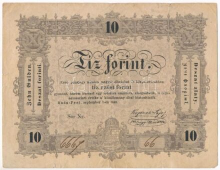 1848. 10Ft 'Kossuth Bankó' 'Nr 6667 66' T:III,III- Adamo G111