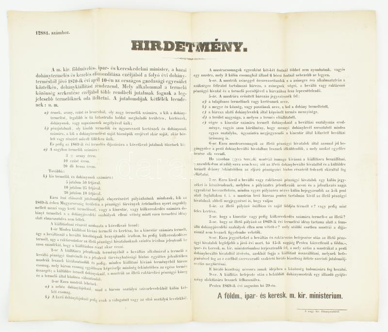 1869 Dohánykiállítás hirdetménye 44x36 cm