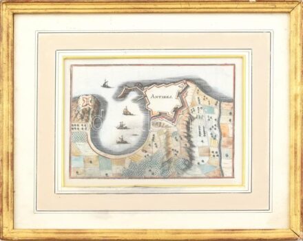 cca 1700-1800 Antibes. Színezett rézmetszet, papír, jelzés nélkül. Üvegezett, sérült fa keretben. 12x16 cm