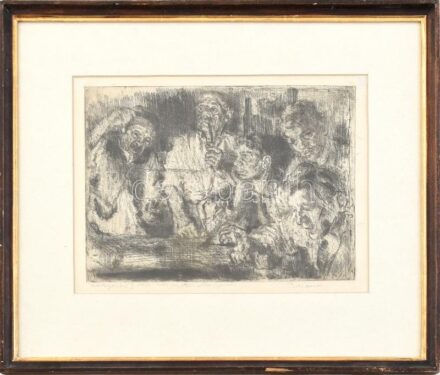 Pirk János (1903-1989): Kártyázók I. 1922-47. Rézkarc, papír, jelzett. Egyetlen próbanyomat felirattal. Üvegezett fa keretben. Keret hátoldalához csatolva Pirk János centenáriumi emlékkiállítás katalógusa. 17,5x24 cm
