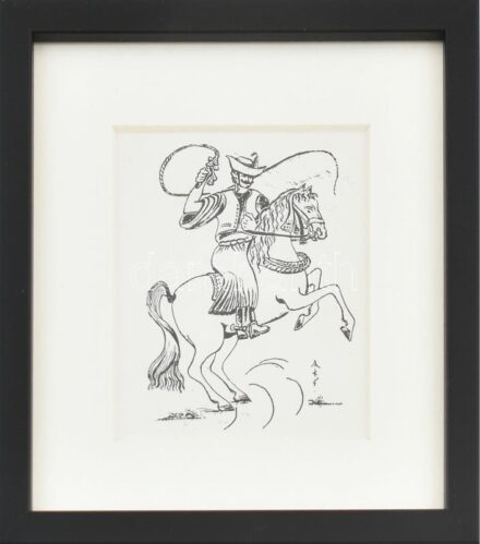 Boromisza Tibor (1880-1960): Csikós. Klisényomat, papír, jelzett a nyomaton. 8,5x7 cm. Üvegezett fa keretben. Ritka!