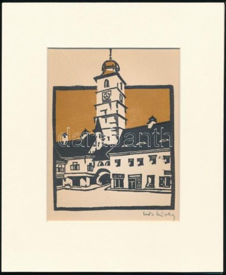 Kós Károly (1883-1977): Városháza. Linómetszet, papír, utólagos jelzéssel, paszpartuban, 15,5×12 cm