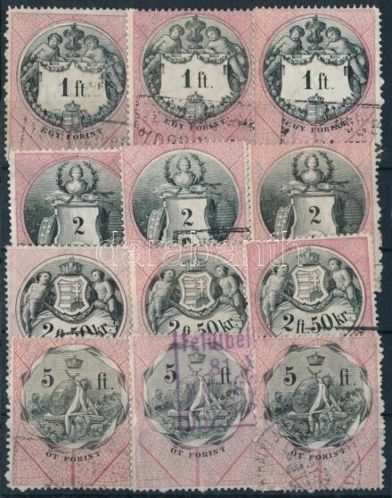 1880 12 db (4 klf) forint névértékű okmánybélyeg