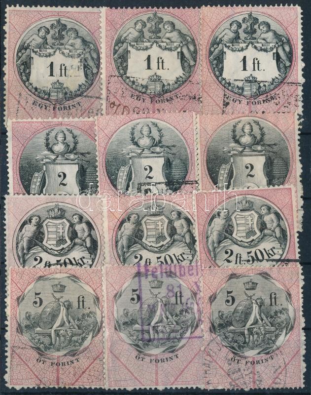1880 12 db (4 klf) forint névértékű okmánybélyeg