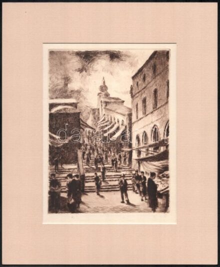 Jelzés nélkül, feltehetően a XX. sz. első felében működött grafikus: Rialto, Velence. Rézkarc, papír, paszpartuban, 19,5×14,5 cm