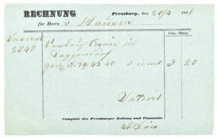 1846 Pozsony a Pressburger Zeitung és Pannonia díjfizetési nyugtája