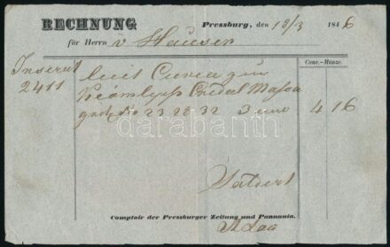 1846 Pozsony a Pressburger Zeitung és Pannonia díjfizetési nyugtája