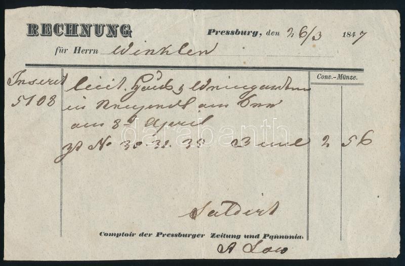 1846 Pozsony a Pressburger Zeitung és Pannonia díjfizetési nyugtája