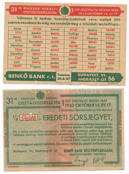 1933. '31. Osztálysorsjáték' 2xklf megrendelőlap T:II- kis beszakadás