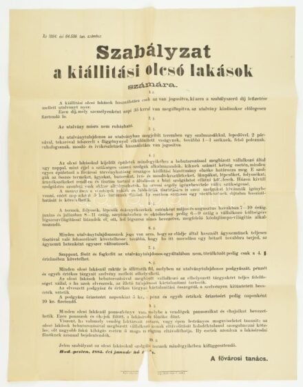 1884 Kiállítási olcsó lakások használatára vonatkozó szabályzat nagy méretű plakát 50x70 cm szakadással