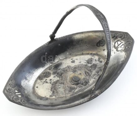 Ezüstözött ón, rózsás, füles tálka, kopott, m:16cm