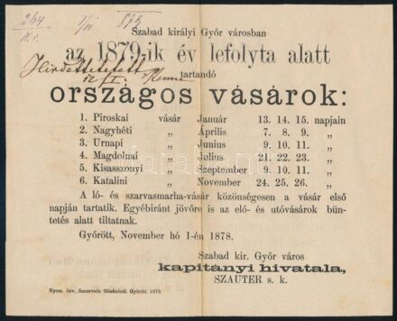 1879 Győri vásárok éves programja