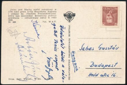 Sebes Gusztávnak írt képeslap, rajta a teniszválogatott tagjainak aláírásával