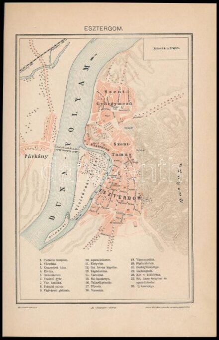 cca 1900 Esztergom város térképe, 1:7000, Pallas Nagy Lexikona, Bp., Pallas-ny., 19x12,5 cm