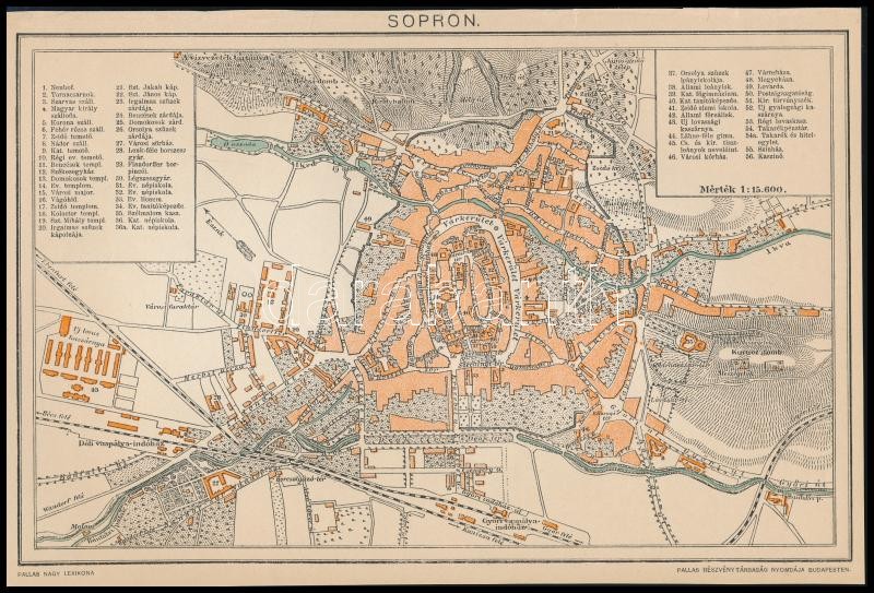 cca 1900 Sopron város térképe, 1:15.600, Pallas Nagy Lexikona, Bp., Pallas Rt.-ny, 14x21 cm