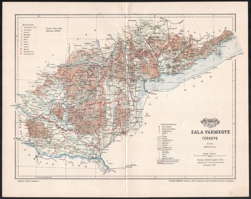 1897 Zala vármegye térképe, tervezete: Gönczy Pál, 1:520.000 , Pallas Nagy Lexikona, Bp., Posner Károly Lajos és Fia-ny., hajtásnyommal, 22x26 cm