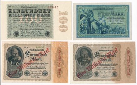 Németország / Weimari Köztársaság 1904. 5M + 1922. 1000M piros 'Eine Milliarde Mark' felülbélyegzéssel + 1923. 100M T:I-III Germany / Weimar Republic 1904. 5 Mark + 1922. 1000 Mark with red 'Eine Milliarde Mark' overprint (2x) + 1923. 100