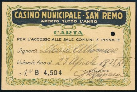 1938 Éves névre szóló belépő a san remoi kaszinóba
