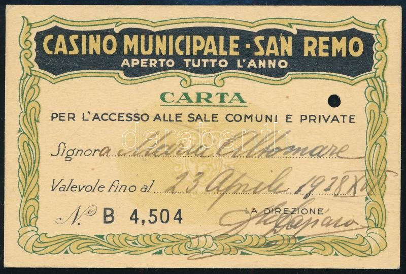 1938 Éves névre szóló belépő a san remoi kaszinóba