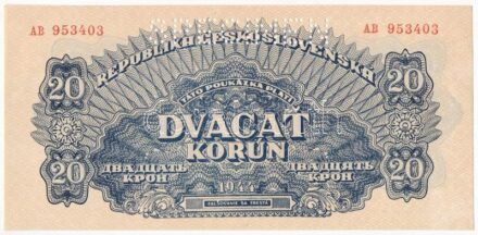 Csehszlovákia 1944. 20K 'SPECIMEN' perforációval T:I Czechoslovakia 1944. 20 Korún with 'SPECIMEN' perforation C:UNC Krause P#47