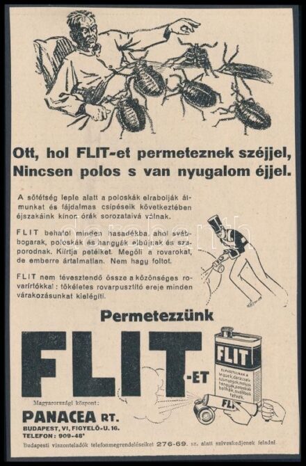 cca 1920-1940 'Ott, hol Flit-et permeteznek széjjel, Nincsen polos s van nyugalom éjjel. ... Permetezzünk Flit-et.', Bp., Panacea Rt., reklám nyomtatvány, kartonra kasírozva, 18x12 cm