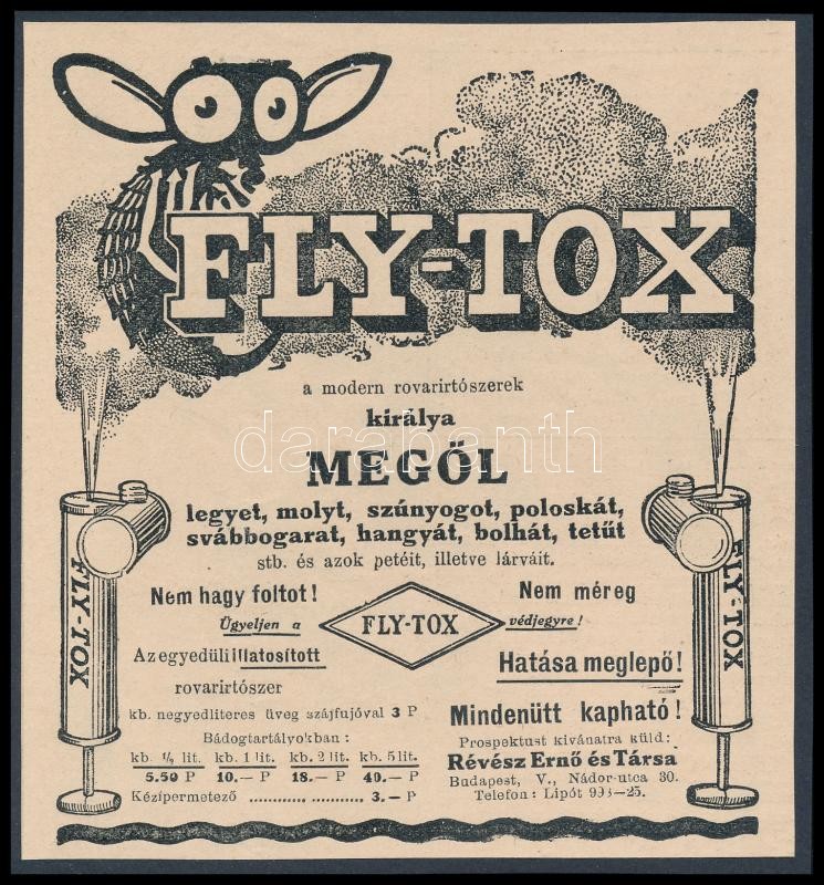 cca 1920-1940 'Fly-Tox a modern rovarirtószerek királya MEGÖL legyet, molyt, szúnyogot, poloskát, svábbogarat, hangyát, bolhát, tetűt...', Fly-Tox rovarirtóreklám nyomtatvány, kartonra kasírozva, 13x13 cm