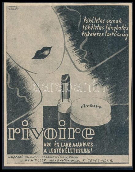 cca 1920-1940 'Rivoire arc és lakk-ajakruzs a legtökéletesebb', illusztrált reklám nyomtatvány, kartonra kasírozva, 13x10 cm