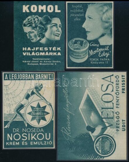 cca 1920-1940 Vegyes illusztrált reklám nyomtatvány tétel, 4 db: 'Riviera fenyőillata...Velosa pezsgő fenyőfürdő üdít és frissít.'; 'A legjobban barnít! Dr. Nosikou krém és emulzió.'; 'Szeplők, májfoltok, pörsenések ellen