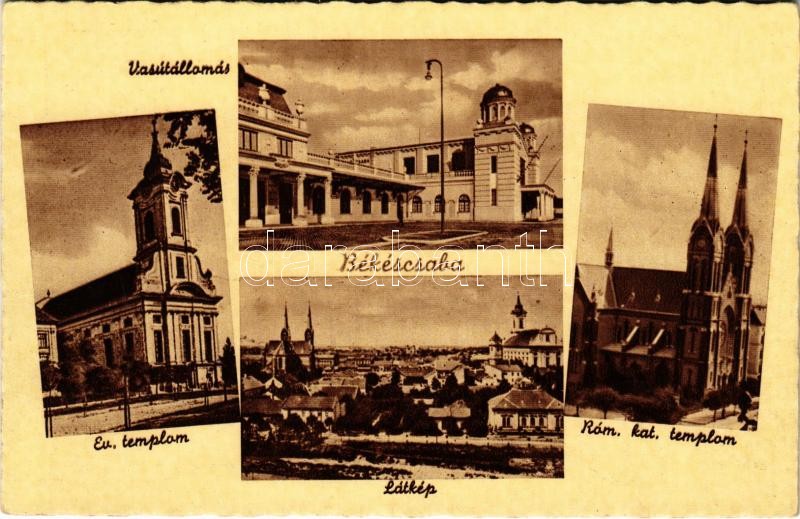 Békéscsaba, vasútállomás, Evangélikus templom, Római katolikus templom, látkép