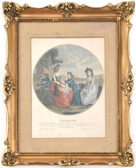 cca 1782 Antonio Ragona: Charlotte. Pontozott modorú, színezett rézmetszet, papír. Dekoratív blondel keretben. d:23cm Foltokkal!