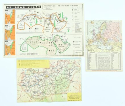 Az arab világ gazdasága, katonai erőviszonyok, térkép, szakadással + Európa, kincses kalendárium melléklete + Magyarország közlekedése