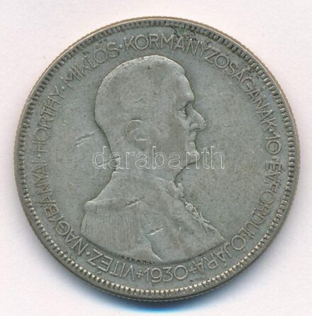 1930. 5P Ag 'Horthy jobbra' T:3 patina Adamo P8