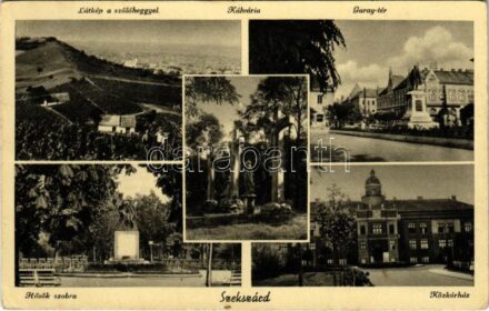 Szekszárd, látkép a szőlőheggyel, kálvária, Garay tér, Hősök szobra, emlékmű, Kórház. Berger Mihály kiadása (EK)